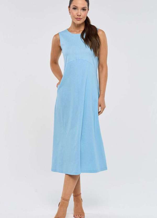 Pks - Vestido Midi Pks com Bolsos Linho Azul 5