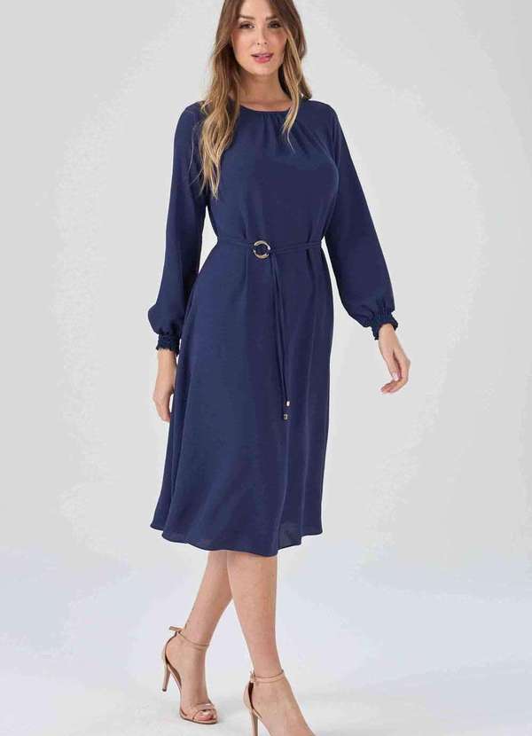 Pks - Vestido Midi Pks com Cinto Azul Marinho Azul