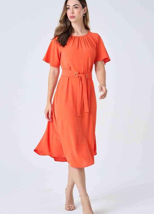 Pks - Vestido Midi Pks com Cinto Laranja