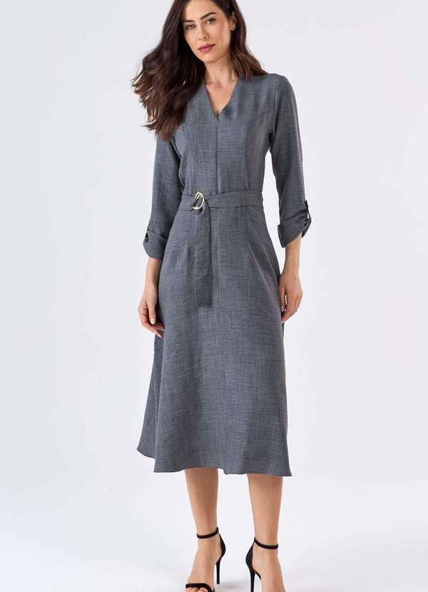 Pks - Vestido Midi Pks com Cinto Cinza