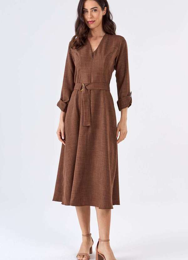 Pks - Vestido Midi Pks com Cinto Marrom