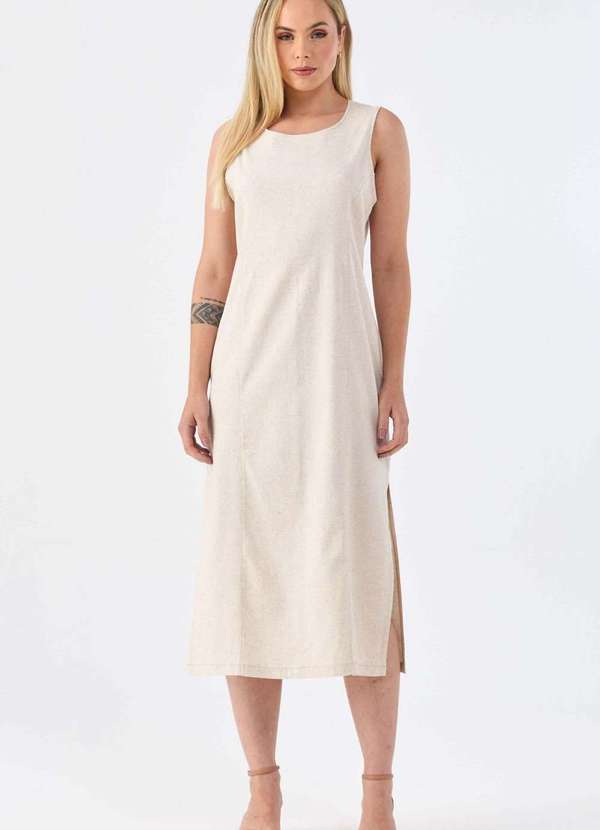 Pks - Vestido Midi Pks com Fendas Linho Natural Bege