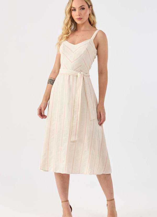 Pks - Vestido Midi Pks de Linho Listrado Bege