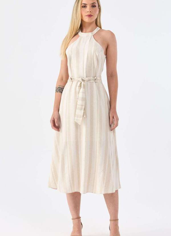 Pks - Vestido Midi Pks de Linho Listrado Bege