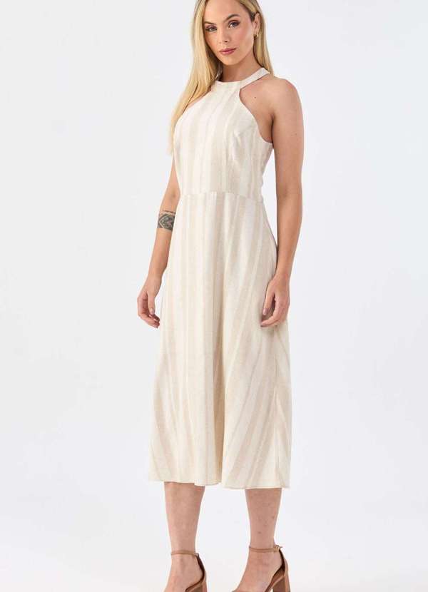 Pks - Vestido Midi Pks de Linho Listrado Bege 3