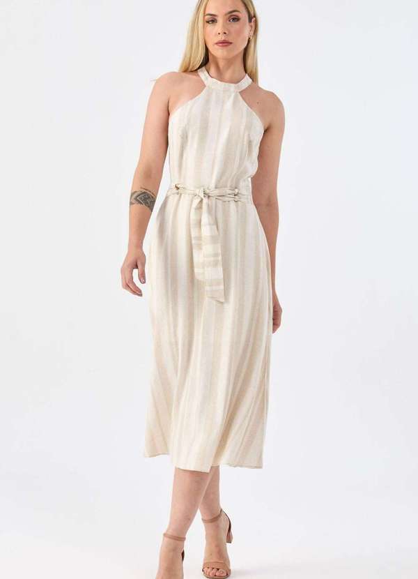 Pks - Vestido Midi Pks de Linho Listrado Bege 5