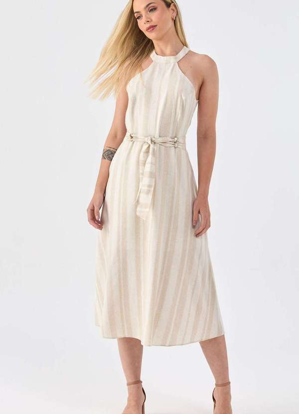 Pks - Vestido Midi Pks de Linho Listrado Bege 6