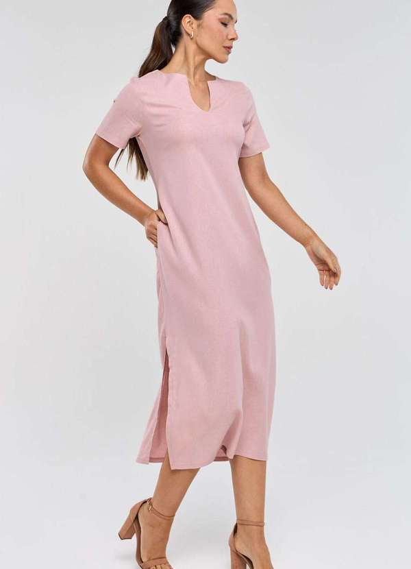 Pks - Vestido Midi Pks Decote V Linho Rosa 5