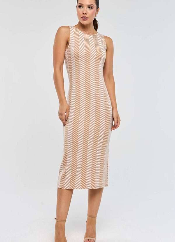 Pks - Vestido Midi Pks Jacquard Listras Bege