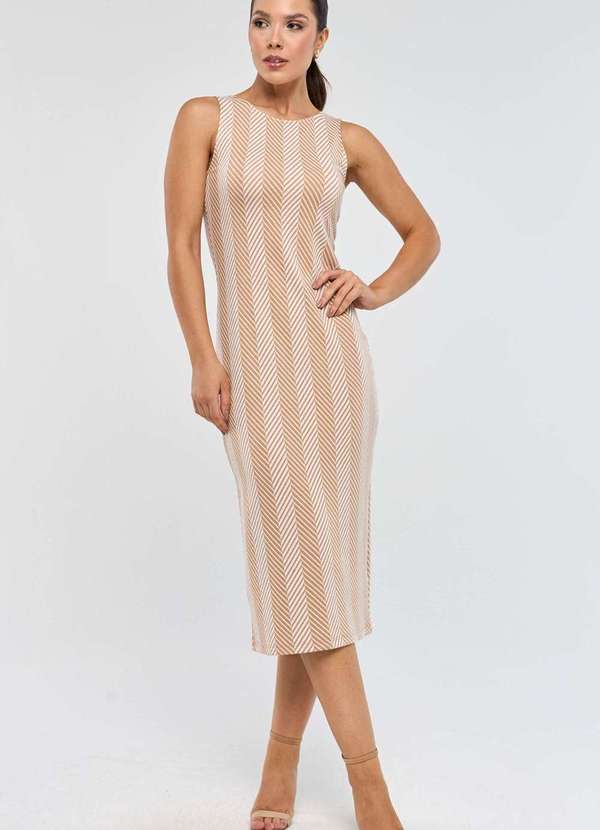 Pks - Vestido Midi Pks Jacquard Listras Bege 5