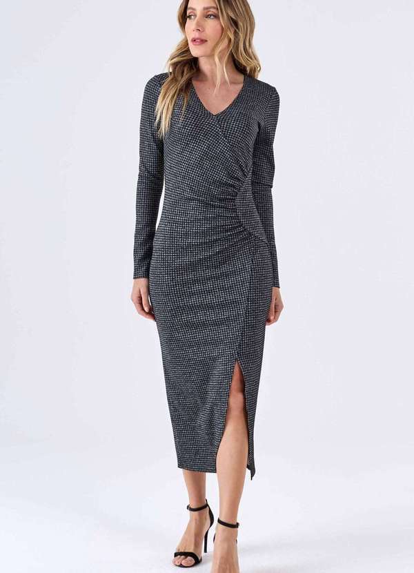 Pks - Vestido Midi Pks Jacquard Pied de Poule Cinza 5