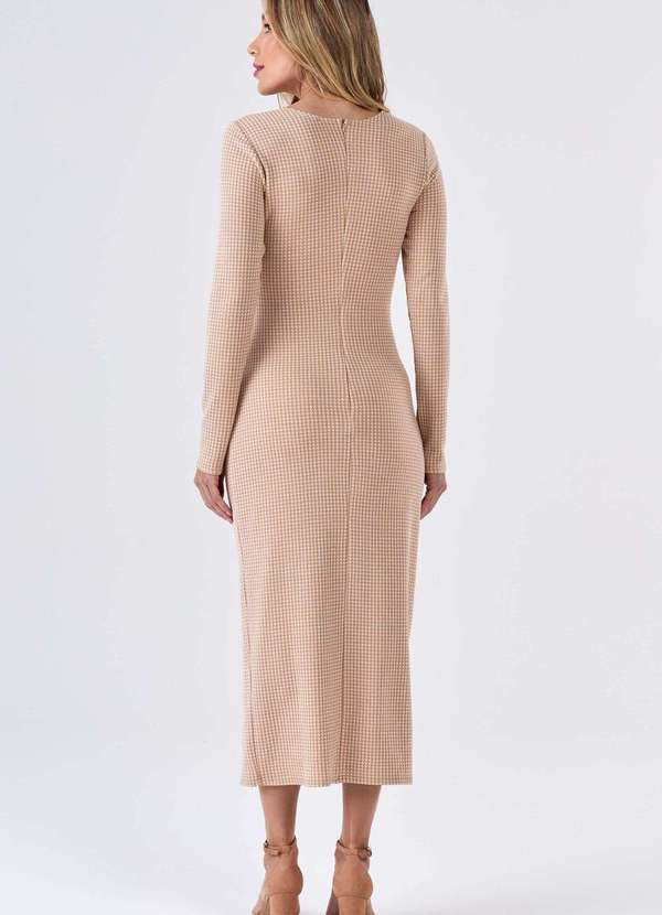 Pks - Vestido Midi Pks Jacquard Pied de Poule Bege 2