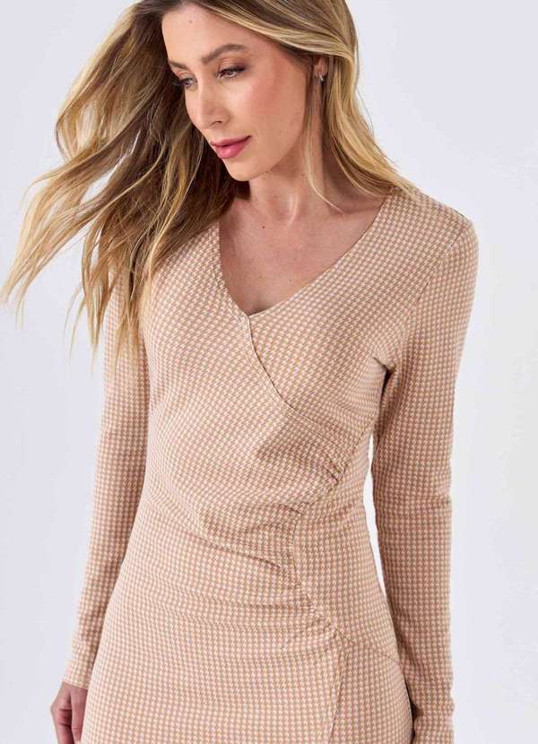 Pks - Vestido Midi Pks Jacquard Pied de Poule Bege 3