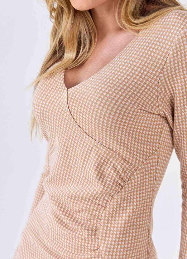 Pks - Vestido Midi Pks Jacquard Pied de Poule Bege 4