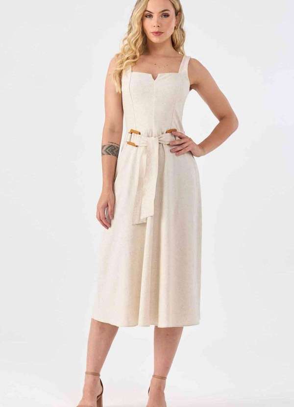 Pks - Vestido Midi Pks Linho Natural Bege