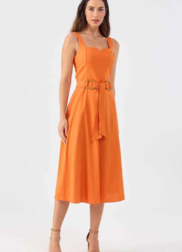Pks - Vestido Midi Pks Linho Laranja