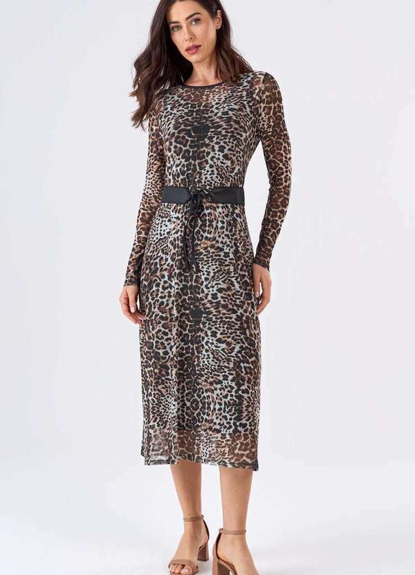 Pks - Vestido Midi Pks Tule Estampa Animal Print Preto