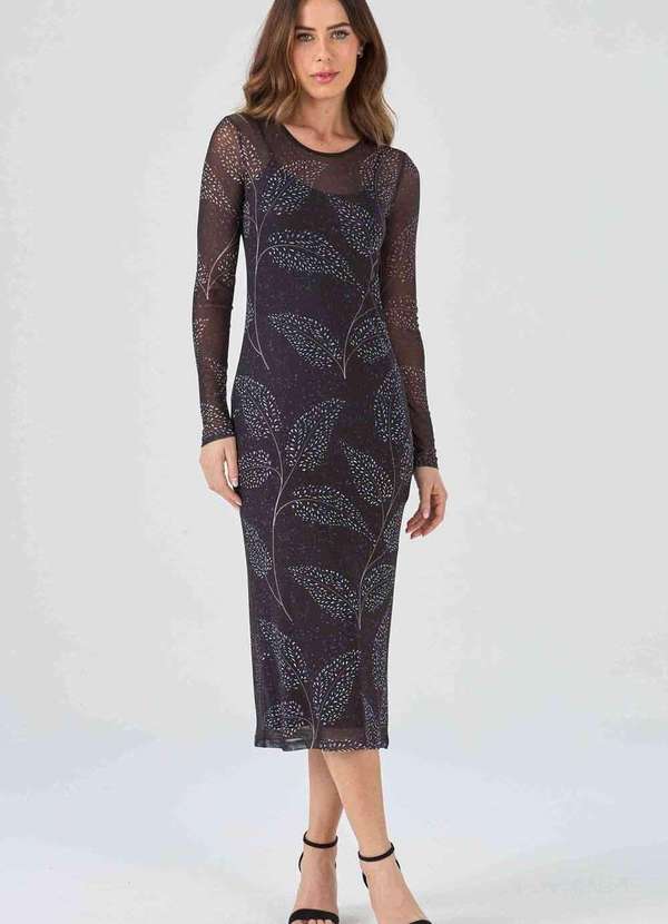 Pks - Vestido Midi Pks Tule Estampa Folhas Preto