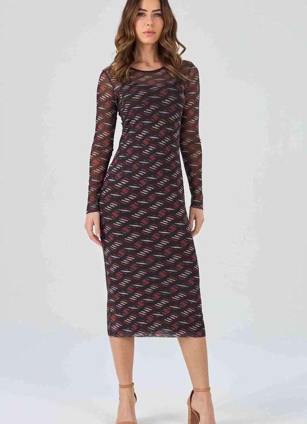 Pks - Vestido Midi Pks Tule Estampa Geometrica Preto