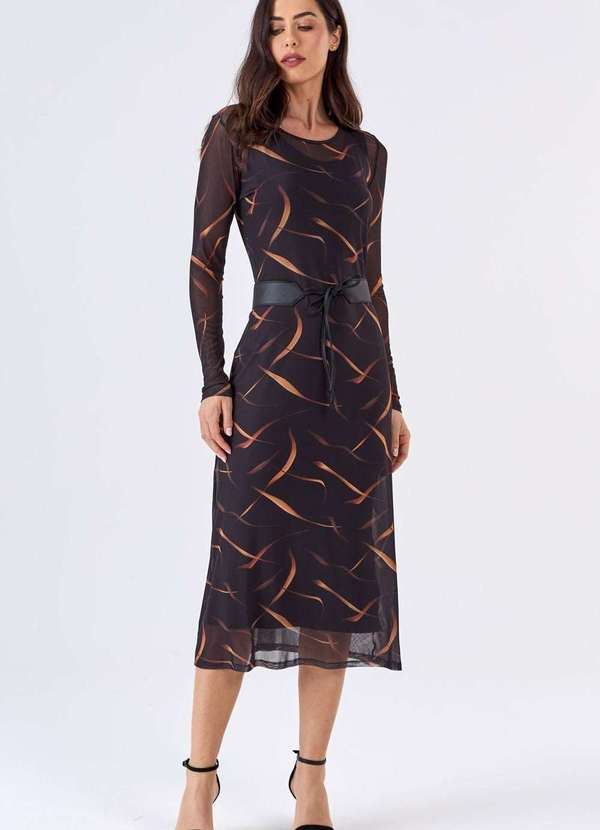 Pks - Vestido Midi Pks Tule Estampa Gold Leaf Preto