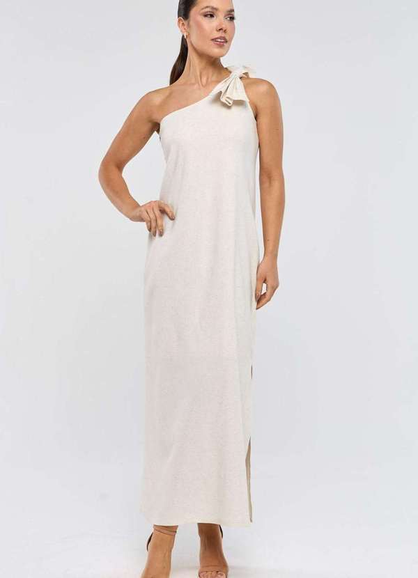 Pks - Vestido Midi Pks um Ombro So Linho Natural Bege
