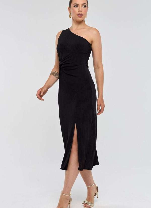 Pks - Vestido Midi Pks um Ombro So Preto