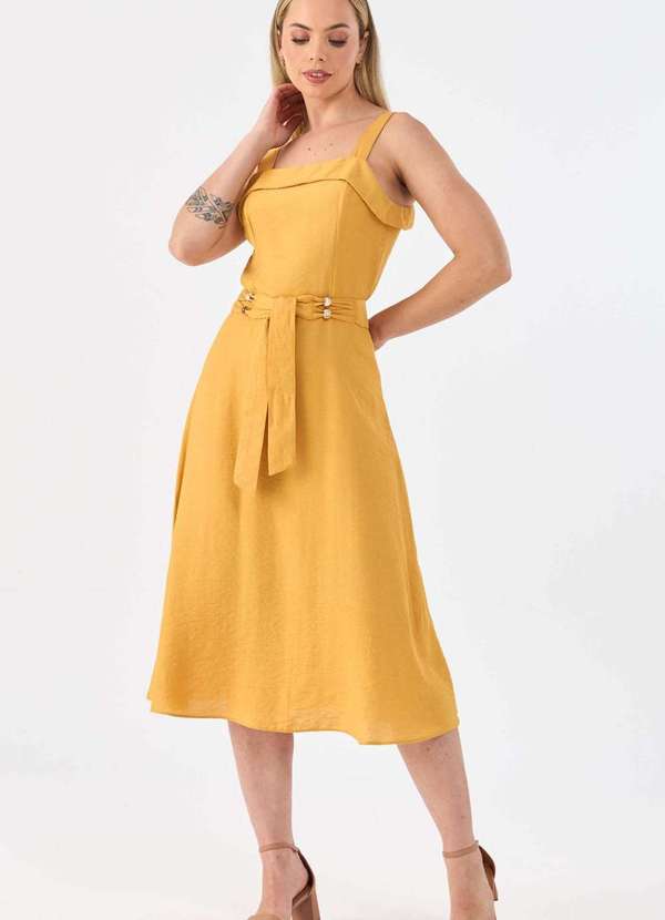 Pks - Vestido Midi Pks Viscose com Cinto Mostarda Amarelo 5