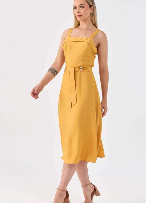 Pks - Vestido Midi Pks Viscose com Cinto Mostarda Amarelo 6
