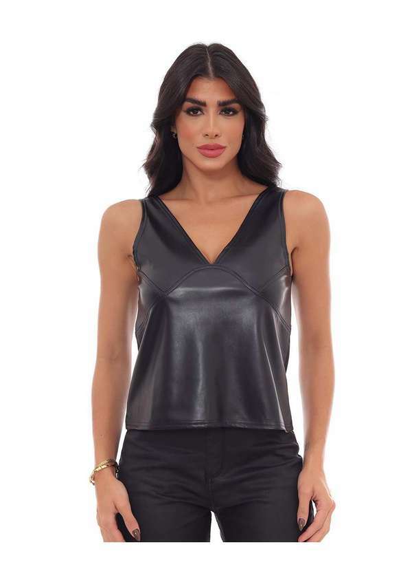 Consciência - Blusa Material Sintetico Feminina Decote V Preto