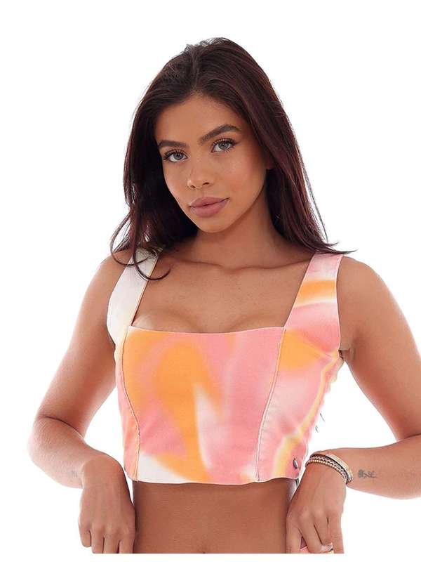 Consciência - Top de Alca Feminino Lastex Estampado Laranja e Rosa Estampado