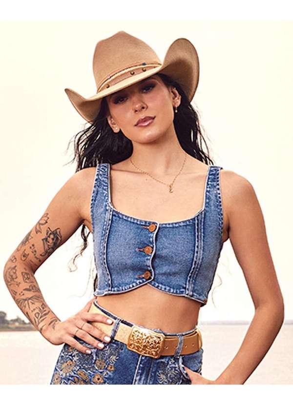 Top Jeans Feminino com Alca e Botoes Ana Castela Azul