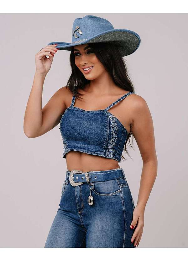 Consciência - Top Jeans Feminino com Aplicacao e Bordado Azul