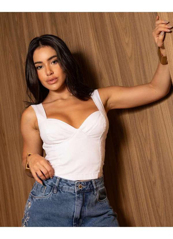 Consciência - Top Jeans Feminino com Recorte e Lastex nas Costas Branco