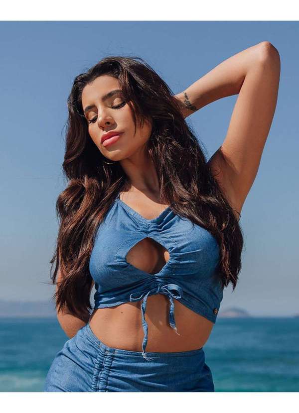 Consciência - Top Jeans Feminino de Alca com Decote Azul