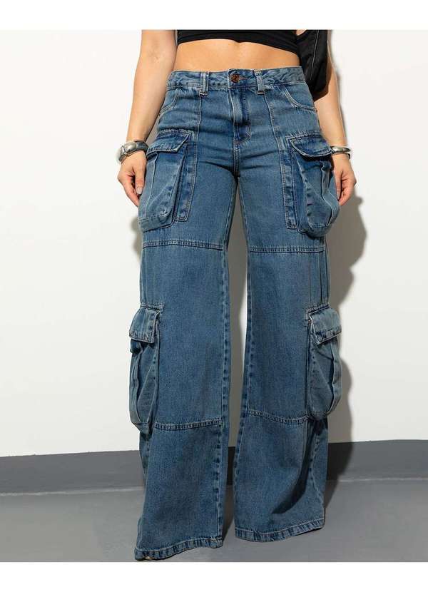 Consciência - Calca Feminina Cargo Relaxed Cintura Baixa Azul 3