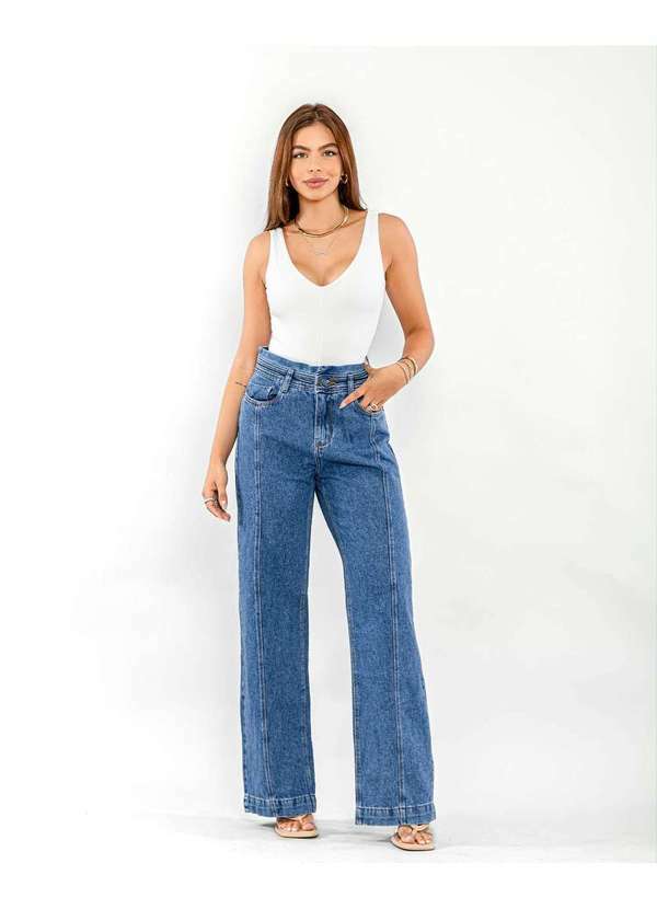 Consciência - Calca Feminina Jeans Wide Leg Clochard com Cos Pespontado Azul
