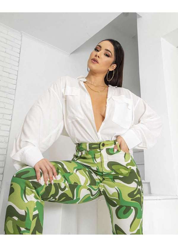 Consciência - Calca Feminina Mom Cintura Alta Estampada Verde com Elastano Verde 3
