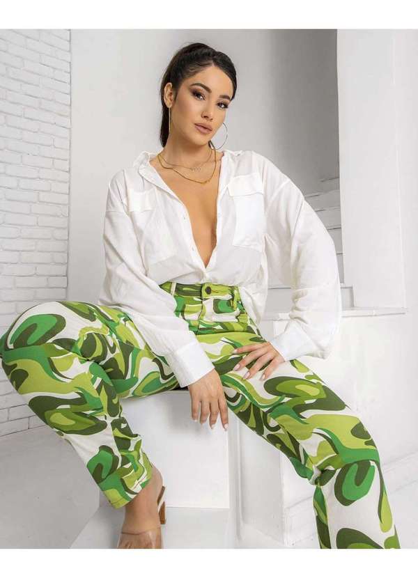 Consciência - Calca Feminina Mom Cintura Alta Estampada Verde com Elastano Verde 4