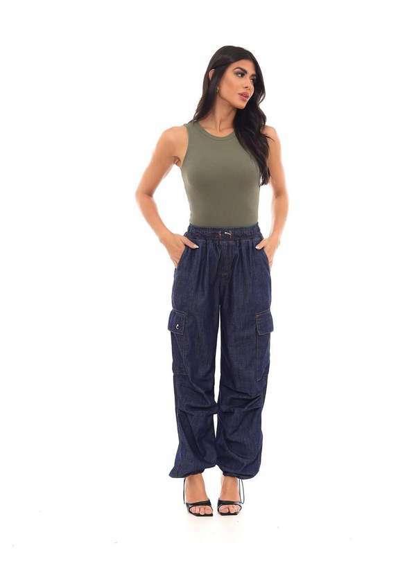 Consciência - Calca Feminina Parachute Cargo Cintura Media com Reguladores Azul