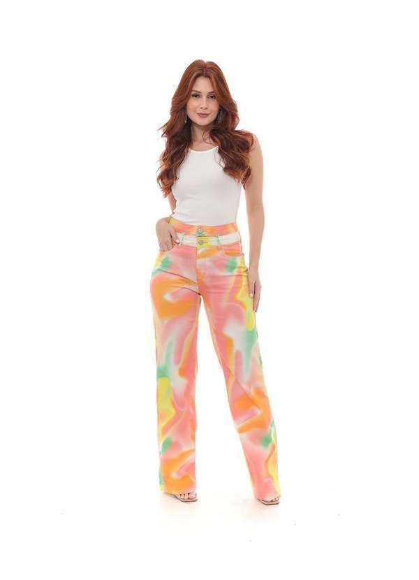 Consciência - Calca Feminina Wide Leg Cintura Alta com Cos Vazado Estampado