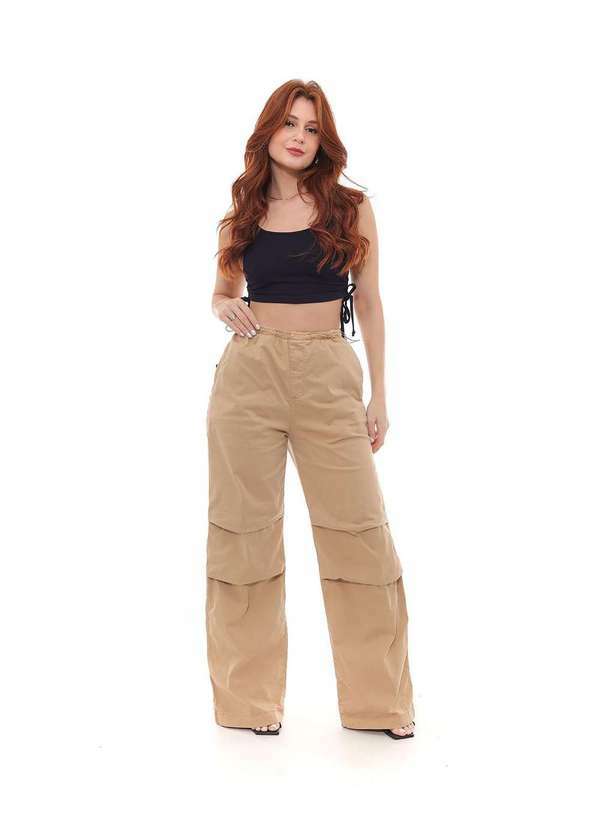 Consciência - Calca Feminina Wide Leg Parachute Caqui com Regulador Elastico Bege