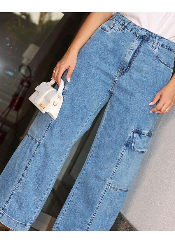 Consciência - Calca Jeans Cargo Pantacourt Feminina Cintura Alta Basica Azul 3