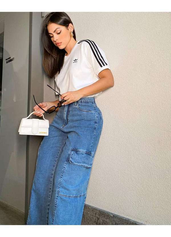 Consciência - Calca Jeans Cargo Pantacourt Feminina Cintura Alta Basica Azul 4