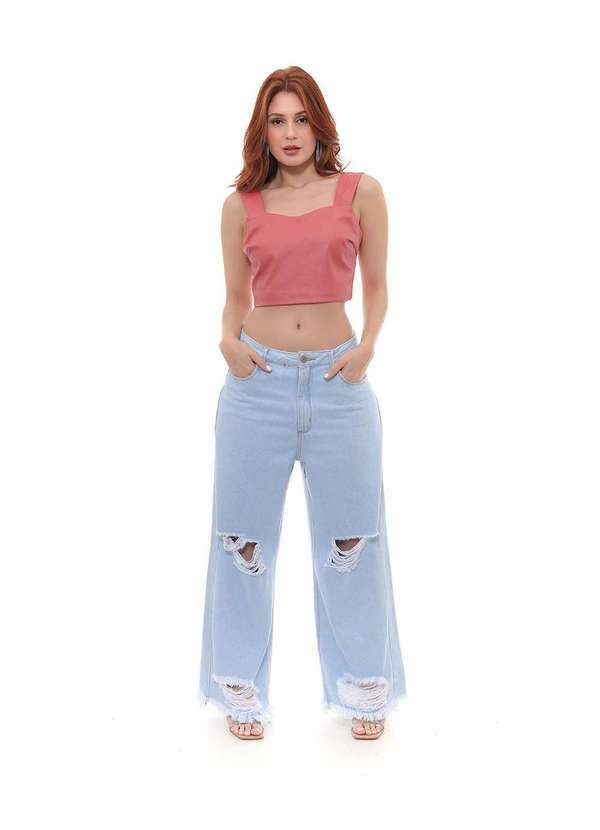 Consciência - Calca Jeans Cropped Flare Feminina Cintura Media com Rasgos Azul