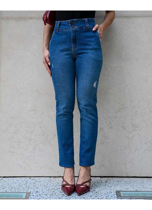 Consciência - Calca Jeans Escura Reta Feminina Cintura Alta com Cos Largo Azul 3