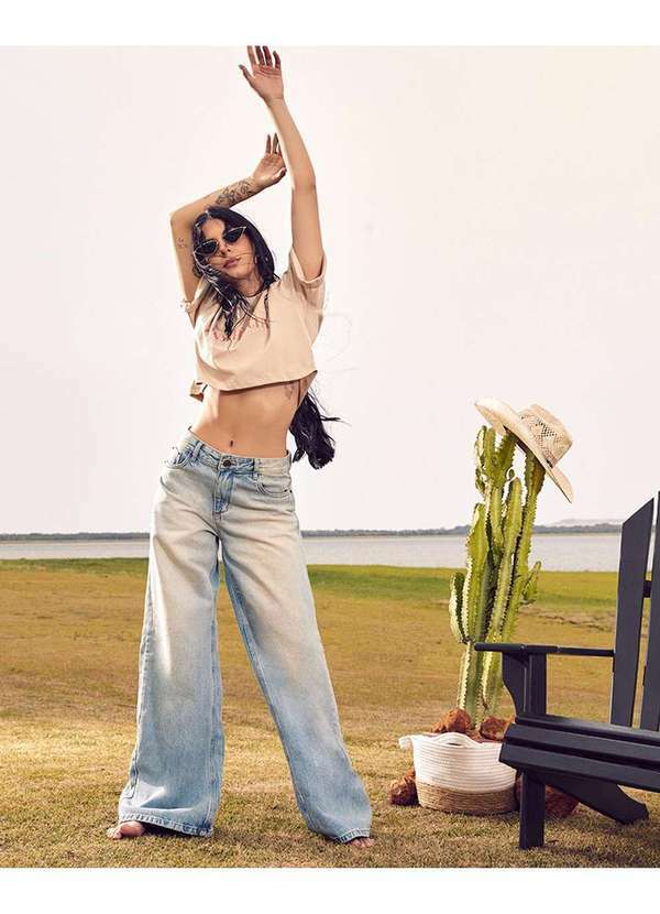 Consciência - Calca Jeans Extra Wide Leg Feminina Cintura Media Ana Castela Azul