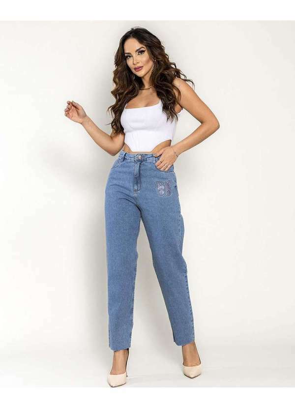 Consciência - Calca Jeans Feminina Cintura Alta Mom com Bordado de Borboleta Azul