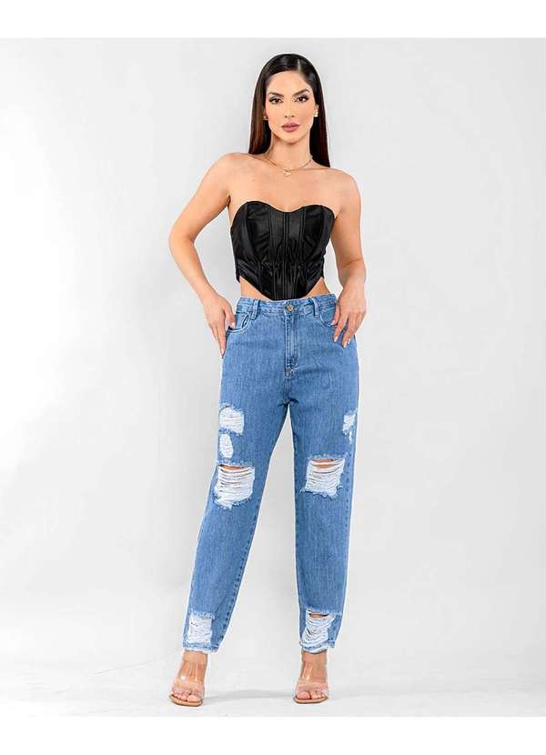 Consciência Calca Jeans Feminina Cintura Alta Mom Rasgada na Perna Azul