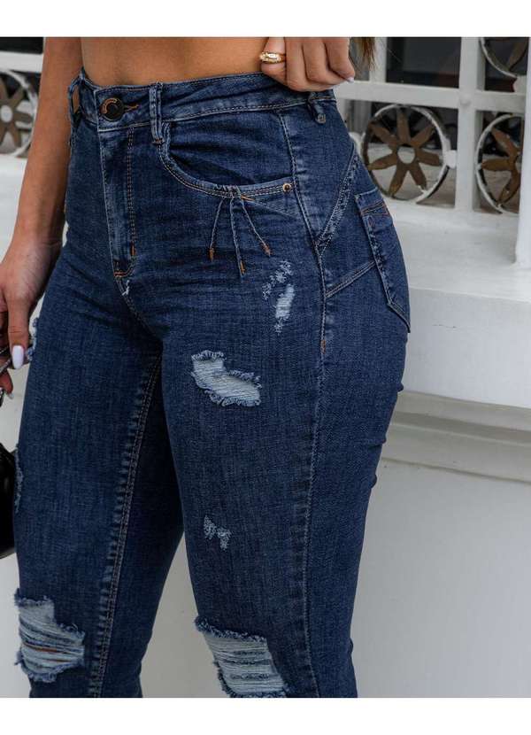 Consciência - Calca Jeans Feminina Cintura Media com Nervuras nos Bolsos Azul 4
