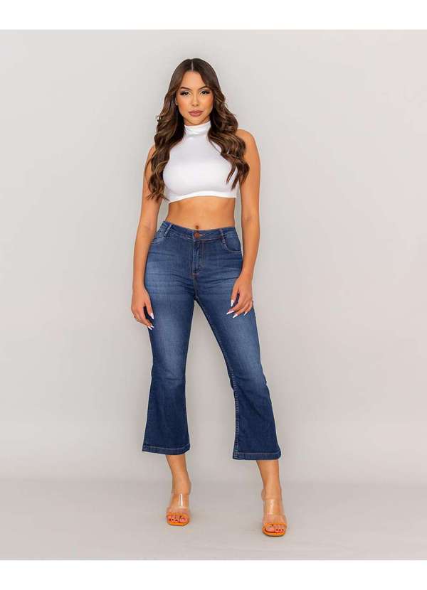 Consciência - Calca Jeans Feminina Cropped Flare Basica com Elastano Azul 4